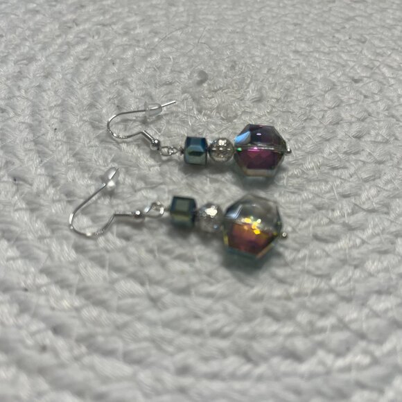 Stunning AURORA BOREALIS CRYSTALS Handmade Silver Dangle Earrings #257D - Picture 3 of 3